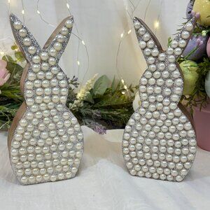 Set of 2 Shabby Chic Pearl Embellished Beaded Wood Spring Easter Bunny Rabbits